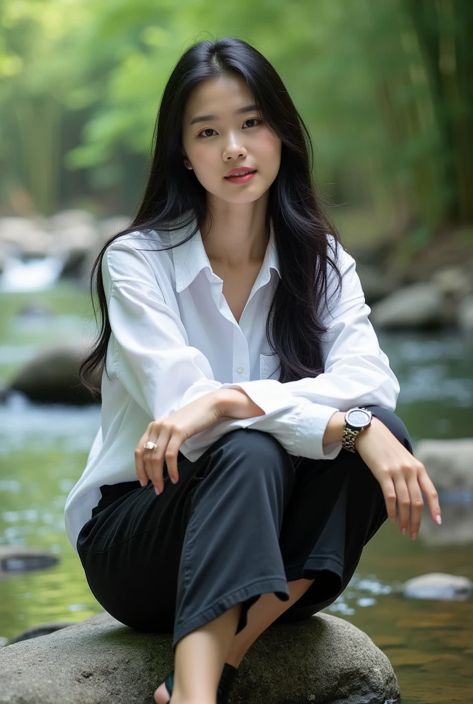 Beautiful Korean girl with smooth white skin, well-groomed face, thin smile long straight black hair, ruby red with white squares ,White shirt ,Black cropped pants with lots of pockets. Cool watch, Posing sitting on a rock beside a very beautiful and exotic waterfall, under the waterfall the river looks calm, stones in the water , there are flowers on the banks of the river"very beautiful small flowers look real, green bamboo forest background, sunlight penetrates through the gaps in the bamboo trees, original photo