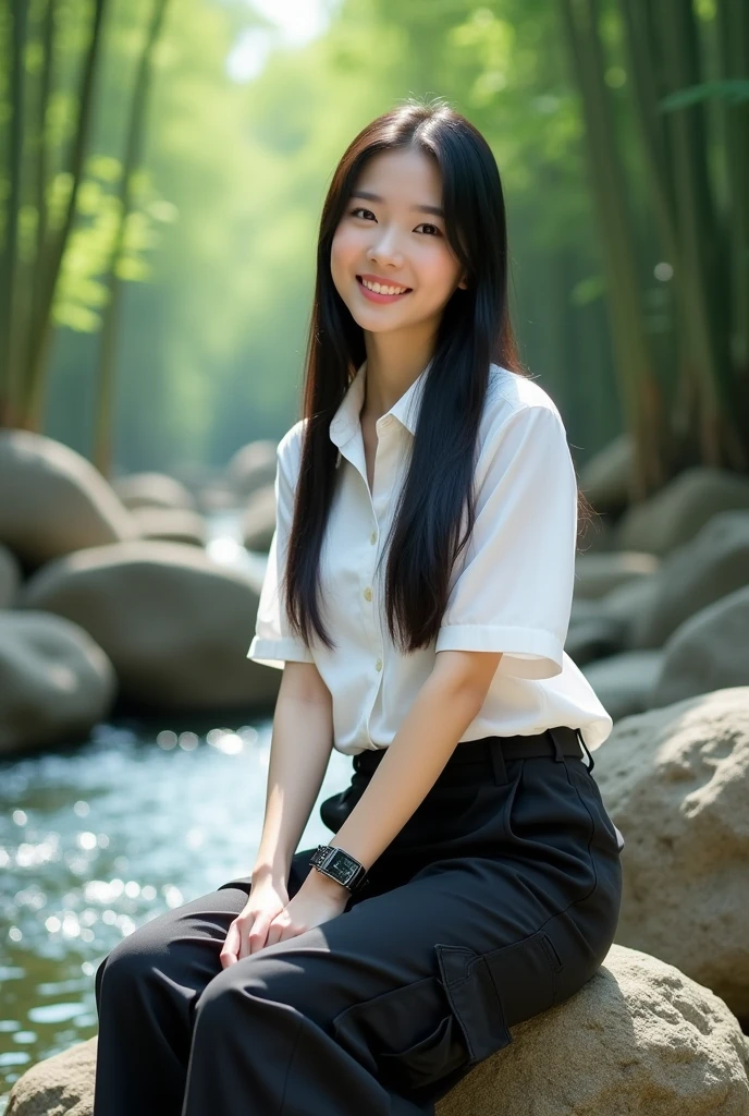 Beautiful Korean girl with smooth white skin, well-groomed face, thin smile long straight black hair, ruby red with white squares ,White shirt ,Black cropped pants with lots of pockets. Cool watch, Posing sitting on a rock beside a very beautiful and exotic waterfall, under the waterfall the river looks calm, stones in the water , there are flowers on the banks of the river"very beautiful small flowers look real, green bamboo forest background, sunlight penetrates through the gaps in the bamboo trees, original photo