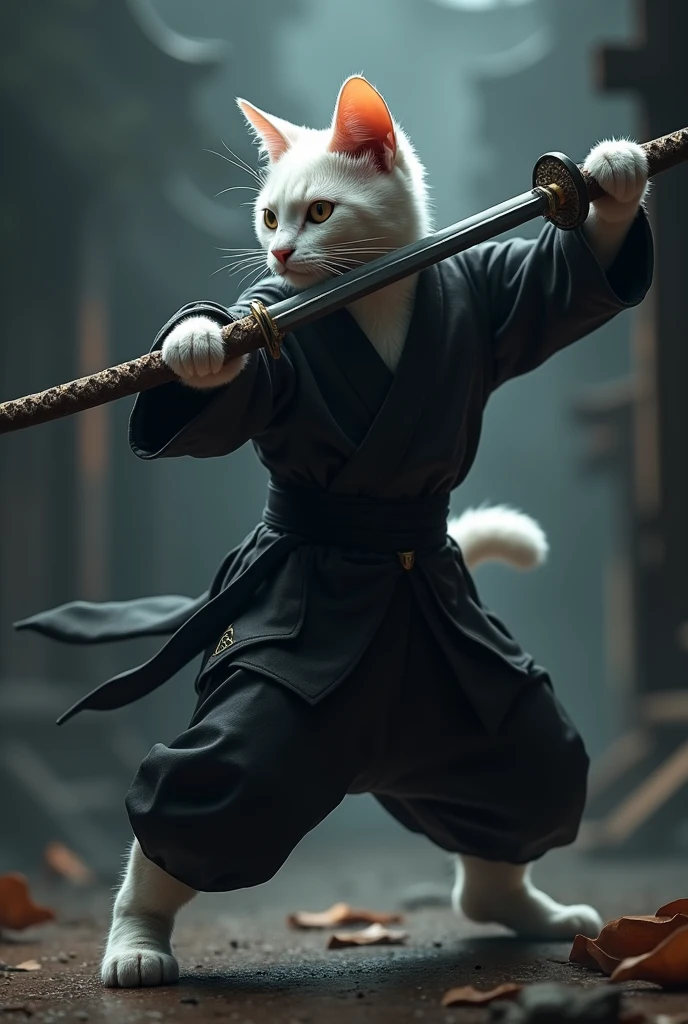 A male white cat dressed in black ninja dress dodging sword attack