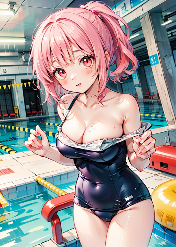 ((masterpiece)),((High resolution)),((Highest quality)),Anime illustration,(((One girl))),,(Wavy Hair),(short hair),(light pink hair color),small ponytail,Red eyes,(Big round eyes),((puppet)),,((face)),((Very large breasts)),low length,,One piece swimsuit,笑face,Ladylike,Pool,Shes trying to get out of her swimsuit.