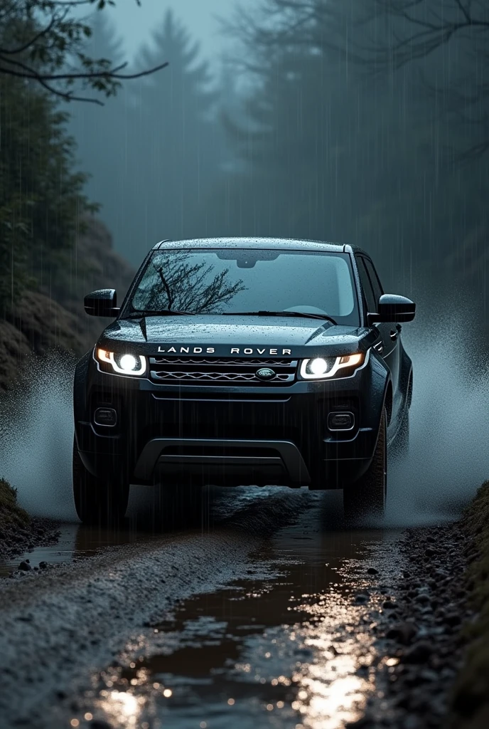 Land rover in black colour running on track in rain at night
