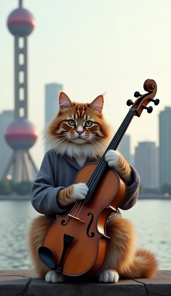 A Maine Coon cat,Sitting by the Huangpu River,Wearing a grey shirt,Holding the traditional Chinese musical instrument "Erhu",Eyes on the Erhu,Playing the erhu。The background is the Shanghai Oriental Pearl Tower