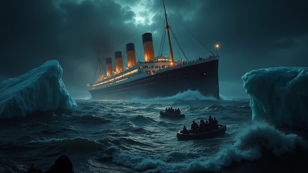 CINEMATOGRAPHIC IMAGE OF THE BEAUTIFUL SHIP "TITANIC" SINKING IN A SHIPWRECK IN THE COLD WATERS OF THE SEA, ICEBERG NEXT, MANY SEVENTY PEOPLE DROWNED IN THE WATER ON THE HIGH SEA IN LIFEBOATS, THE SHIP BREAKS IN HALF
