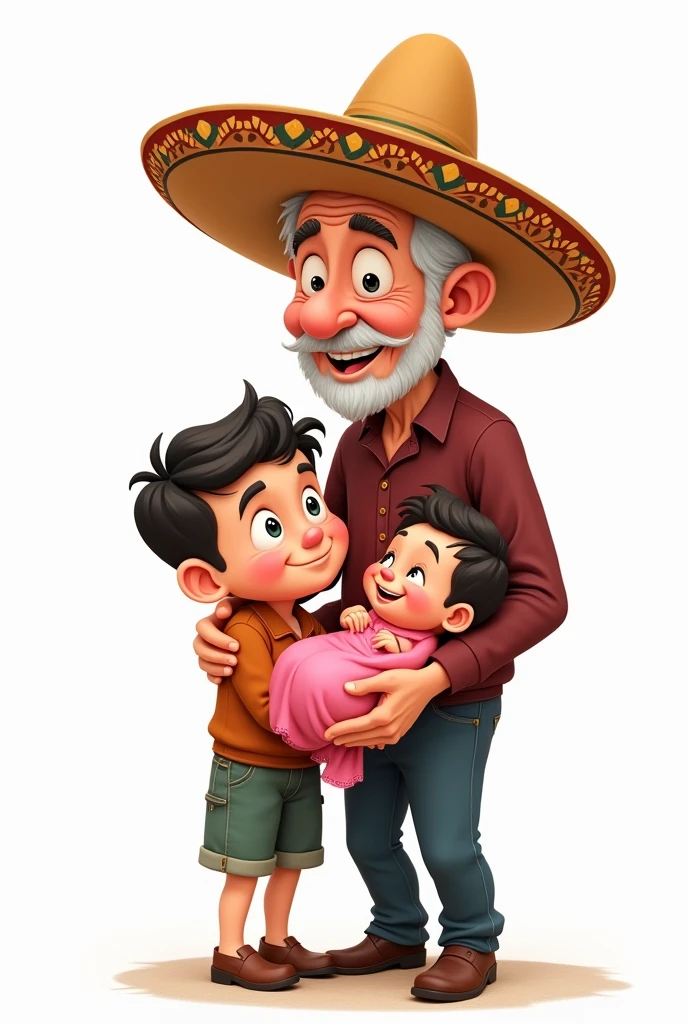 CARTOON OF MEXICAN GRANDFATHER WITH CAP WITH GRANDSON IN FRONT AND NEWBORN GRANDDAUGHTER IN PINK DRESS ON A WHITE BACKGROUND