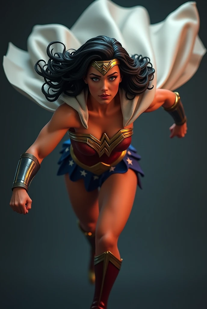 Wonder Woman character with uniform BLACK COLOR, INCLUDING ORANGE SYMBOL, FLYING, WITH WHITE CAPE, FLYING IN COMBAT POSITION, colorful skin, HIGH RESOLUTION, HD, 3D IMAGE WITH MANY DETAILS, 3D, DARK BACKGROUND WITH SHADOWS