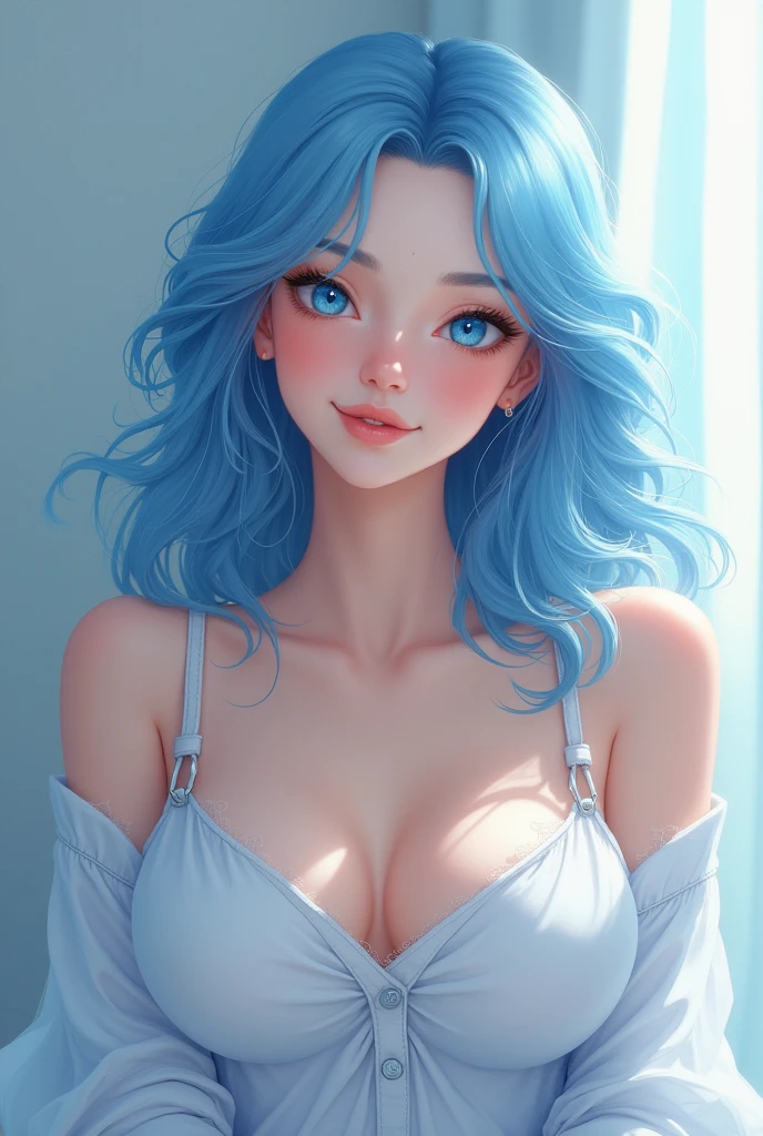 A light-skinned woman, She has waist-length hair and is light blue. (almost blue). He has blue eyes and is smiling..  She has big breasts. she is a milf. wear casual clothes.