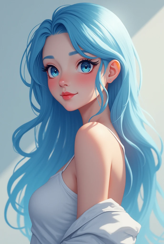 A light-skinned woman, She has waist-length hair and is light blue. (almost blue). He has blue eyes and is smiling.. She has big breasts. she is a milf. wear casual clothes.