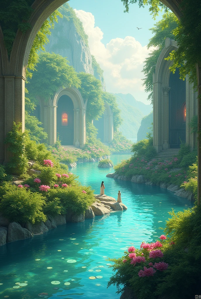 The camera pans to the background, where a distant view of paradise is visible. Imagine a heavenly garden with lush greenery, flowing rivers, and beautiful chambers (غُرَفاً) glowing softly with divine light. The paradise scene appears ethereal, as if it’s a glimpse into another world.Mood: Hope and divine promise.