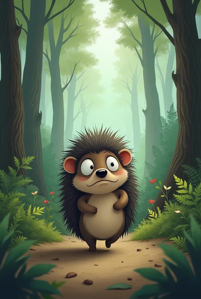 A sad cartoon hedgehog walks to his home in the woods