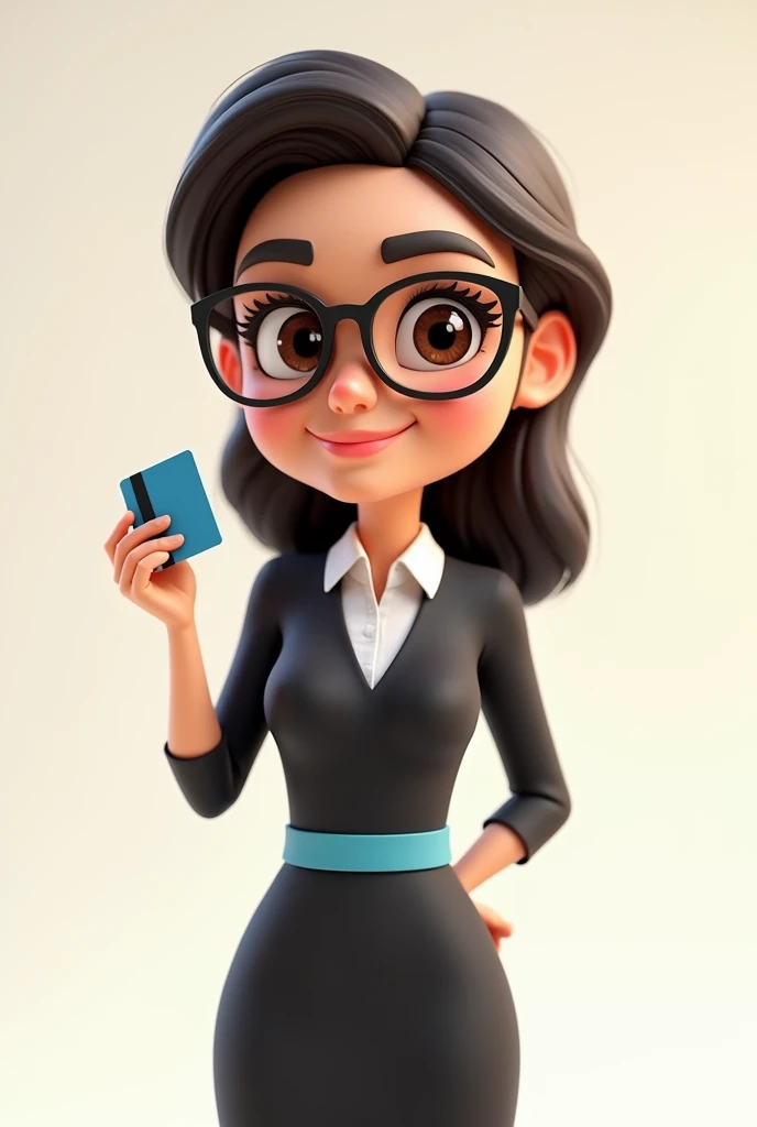 A full body 3D cartoon character. She has a friendly and charismatic appearance. The character is a young woman with fair skin, loose dark brown hair, thick eyebrows, large brown eyes and wears glasses. She is smiling confidently. The character is dressed formally, wearing a black dress with a blue sash at the waist. She is holding a credit card in her hand. Your posture and relaxed posture suggest confidence and ease. The background of the image is neutral, which highlights the character even more.