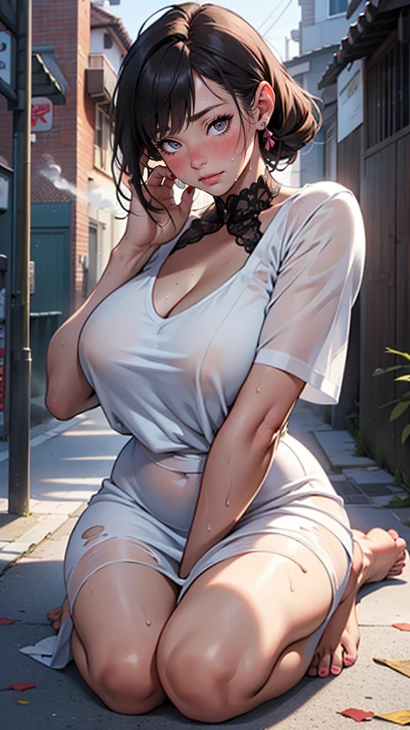 A person , ripped dress Mature Woman, Mother, blush, abandoned in a nozzle,breasts big、vapour、sweat ,big fat chubby bbw wide hips, langerie, Bare feet with painted nails, pleasure face,, I'm tired of having so much sex