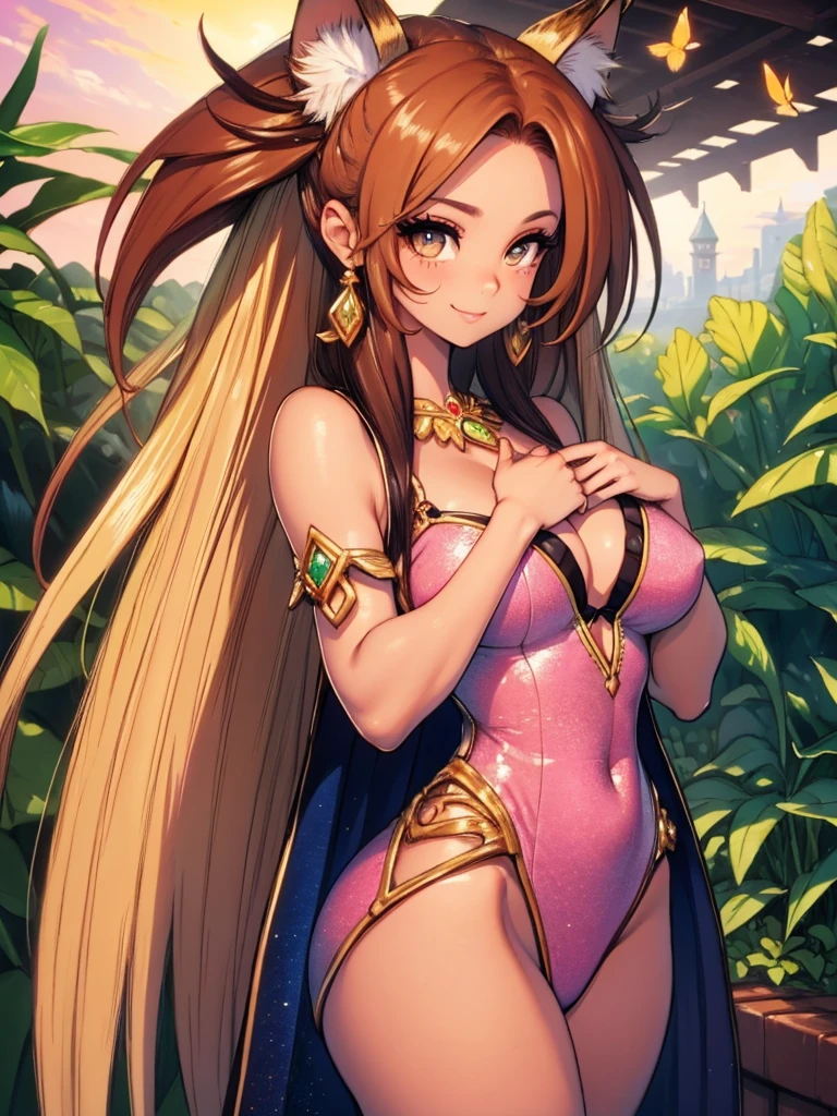 (best quality,4k,8k,highres,masterpiece:1.2),ultra-detailed,(realistic,photorealistic,photo-realistic:1.37),acrylic painting,beautiful Brazilian model in pink outfit with downy hair,beautiful Brazilian light skined model with extremely colorful brown hair and detailed facial features,beautiful Brazilian model standing in a beautiful garden surrounded by a starry sky,brown hair,beautiful Brazilian model with intricate accessories,cat ears, ,beautiful Brazilian model with long flowing twintails,beautiful Brazilian model with bright brown eyes and rosy lips,beautiful Brazilian model with a joyful expression,beautiful Brazilian model in a dynamic pose with cherry blossoms falling around her,beautiful Brazilian model surrounded by colorful flowers and butterflies,beautiful Brazilian model with an enchanting smile,beautiful Brazilian model with soft, pastel-colored shading,beautiful Brazilian model with a magical glow illuminating her,beautiful Brazilian model in a picturesque setting with a winding path leading to a magnificent castle,beautiful Brazilian model with a fairytale-like background,beautiful Brazilian model with a soft, dreamy atmosphere,beautiful Brazilian model with a subtle bokeh effect,beautiful Brazilian model standing under a sunny sky,beautiful Brazilian model with a warm, golden sunset in the background,beautiful Brazilian model surrounded by twinkling stars and colorful nebulae,creating an ethereal and captivating artistic masterpiece, facing camera, up close, face only, suit dress outfit.