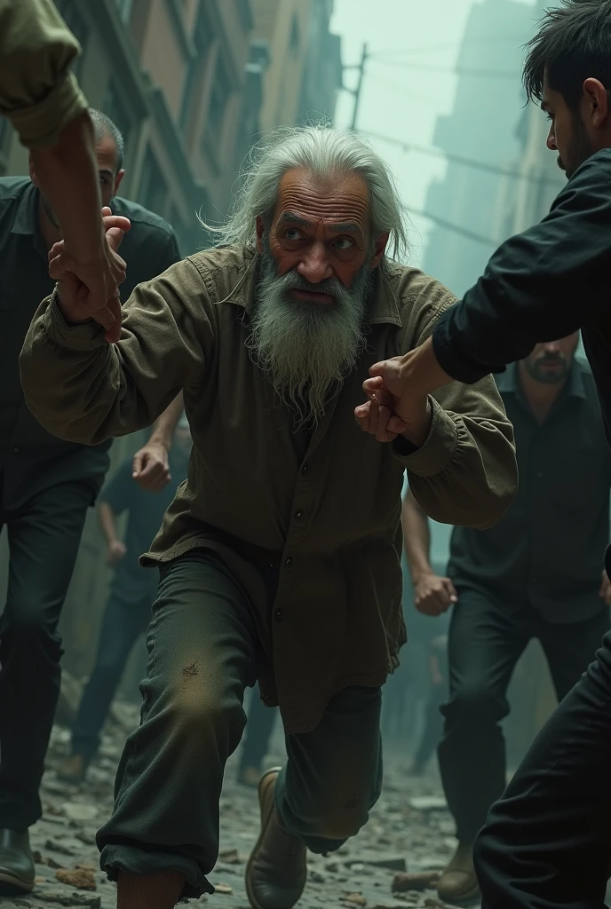 Create an old man being dragged 

