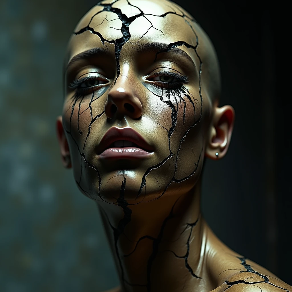 Tu je preložený text s úpravou, že postava nie je z porcelánu, ale z bronzu:

"Ultra-detailed headshot of a bronze-skinned figure, with a face cracked and shattered, deep fissures and missing shards reveal the fragility, tears glistening as they stream down the fractured surface, eyes brimming with intense pain and sorrow, every detail of the shattered bronze highlighted, soft yet focused lighting that accentuates the cracks and tear-streaked face, blurred background to emphasize the raw emotion and vulnerability, hyperrealistic, cinematic lighting.