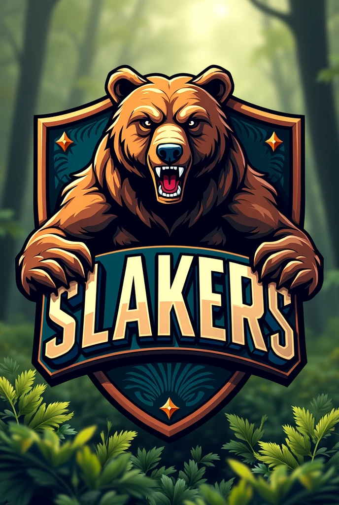 Create a football shield with the name SLAKERS and a bear as the central element