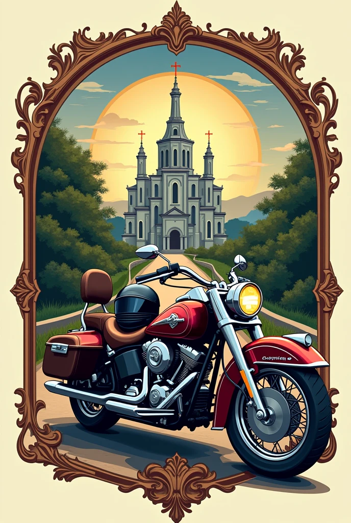 Create logo for the Catholic pilgrimage motorcycle group, with motorcycle, helmet, Roadside, Basilica and the image of Our Lady of the Immaculate Conception of Aparecida Brazil in Catholic art 