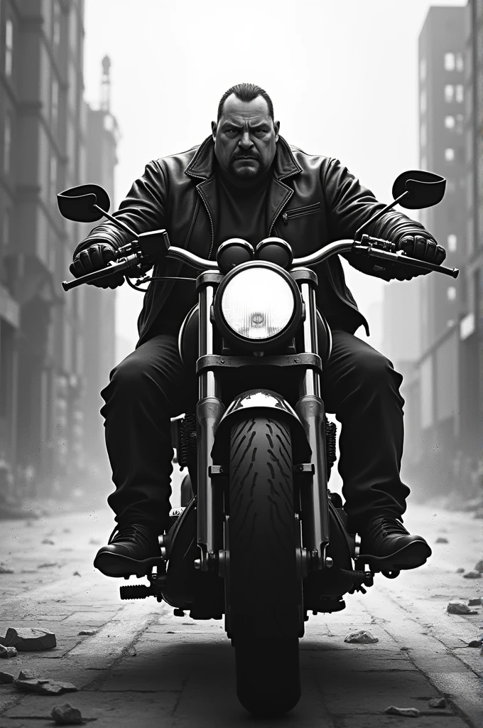 A fat man on a motorcycle in black and white