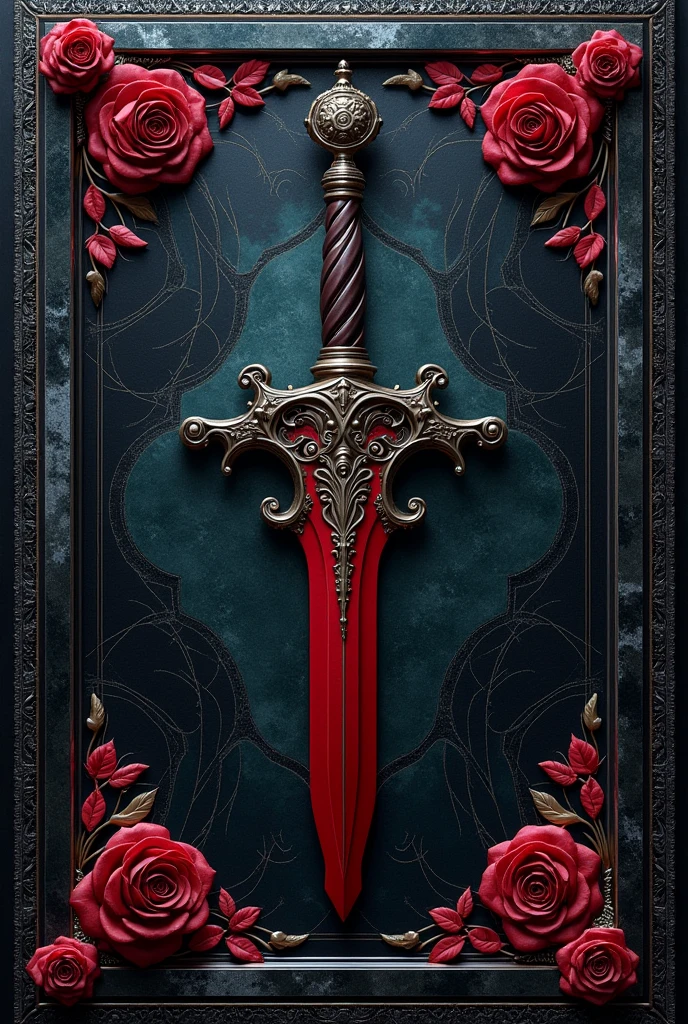 Title: "Dark Renaissance"
Color range:
- Deep black (#000000)
- Steel grey (#666666)
- Dark blue (#212121)
- Deep red (#FF3737) as an accent - Silver flashes (#B1B1B1) to simulate the technology Elements:
- A background of antique stone or marble, with textures and patterns that suggest the classical era. With red roses as a pattern.
- A system of circuits or cables that intertwine with elements of ancient architecture, symbolizing the fusion of the old with the new.
- A central object that reflects your rudeness, like a sword or a gun, but with elegant and ornamental details that suggest your delicate side.
- Leather or skin patterns on the edges of the design, to add a touch of roughness and texture.
- A touch of elegance in the details, such as filigree or intricate patterns, to balance roughness with sophistication.
style:
- Dark and elegant theme, with a touch of rebellion and sophistication.
- Influences from ancient times and cyberpunk in the design, with a touch of luxury and glamour.