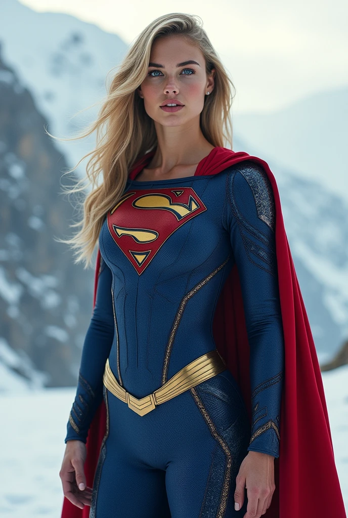 1 girl in, (beautiful swedish woman),((supergirl suit)), superman logo, Colossal ,long body，strong bodie，Accurate shot, standing pose, looking at the viewers,Landscapes of Sweden,snowscape，misty,Detailed history,Photorealistic、one photo、Masterpiece artwork、realisitic、真实感、fotorrealism、hight contrast、Estação de arte fotorrealisitic Tendências de arte digital 8k HD de alta definição e realisitic detalhado, detaileds, texture skin, ultra detali, texturas de pele realisitics, armour, Maximum quality, 超Uma high resolution, (Photorealistic:1.4),, high resolution, detaileds, RAW Photos, re sharp, Nikon D850 film stock photo by Lee Jefferies 4 kodak portra 400 f1 camera.6 lentes cores ricas texturas hiper-realisitics realisitics iluminação dramática motor irreal tendências de estação de arte synestil 800,