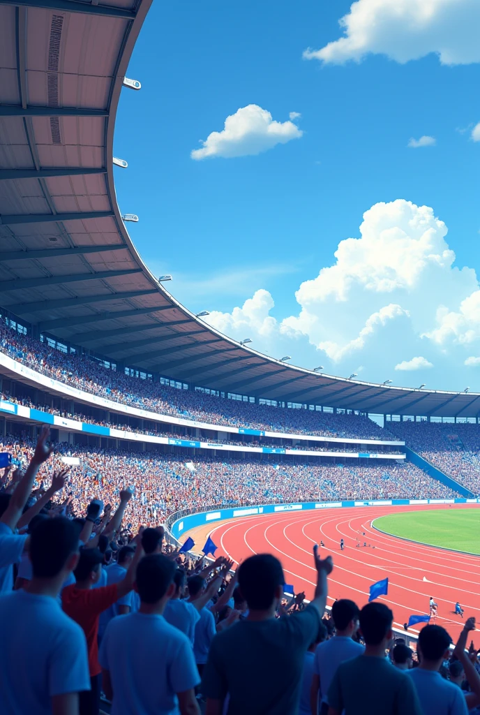 an athletics track grandstand, people cheering (for blue color), I want both sides of the stands