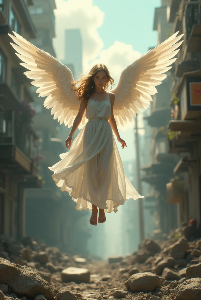 Angel Girl Flying Through War-Torn City.
