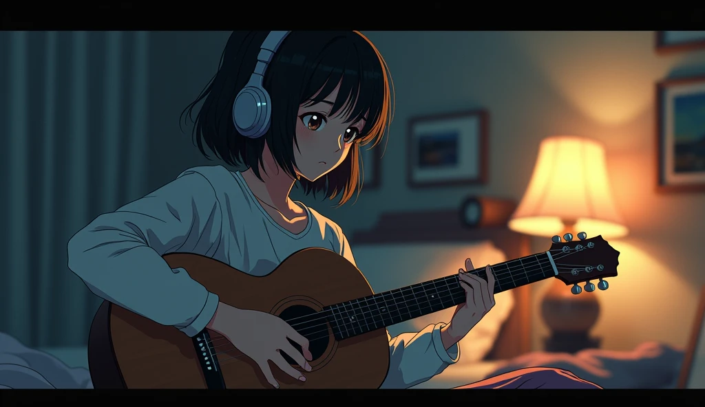 Perfect image, 8k, night、Private room、high school girl, Using headphones、Practicing guitar、 2D-style animation, Lo-Fi, Emotional、Retro、Anime style illustrations