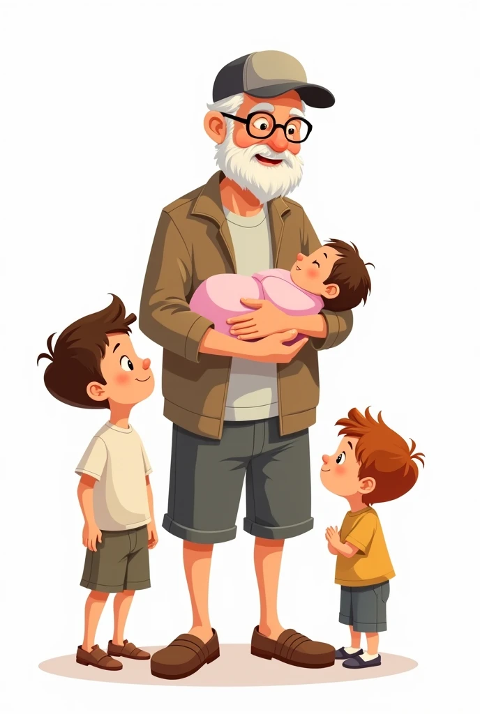 CARTOON OF YOUNG GRANDFATHER IN CAP WITH GRANDSON IN ADVANCE AND NEWBORN GRANDDAUGHTER IN PINK DRESS ON A WHITE BACKGROUND
