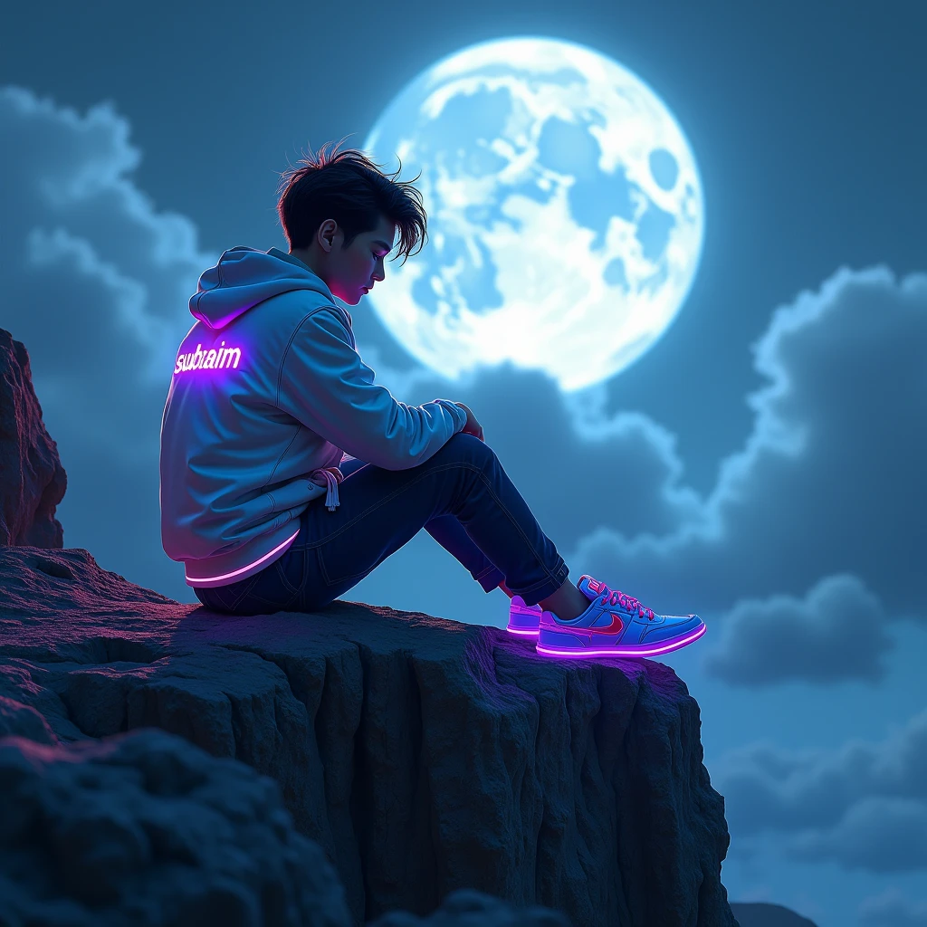 A young person sits on a rocky cliff, gazing at a large, luminous moon in a dramatic sky filled with dark clouds. The figure is dressed in a white jacket with blue and red accents, featuring a prominent “Shubham” logo on the back with purple neon glow , and black pants. Their stylish, futuristic sneakers emit a soft purple glow, while their hair is tousled and lightly illuminated by the moonlight. The overall scene has a moody and introspective atmosphere, with shadows and vibrant colors blending beautifully.