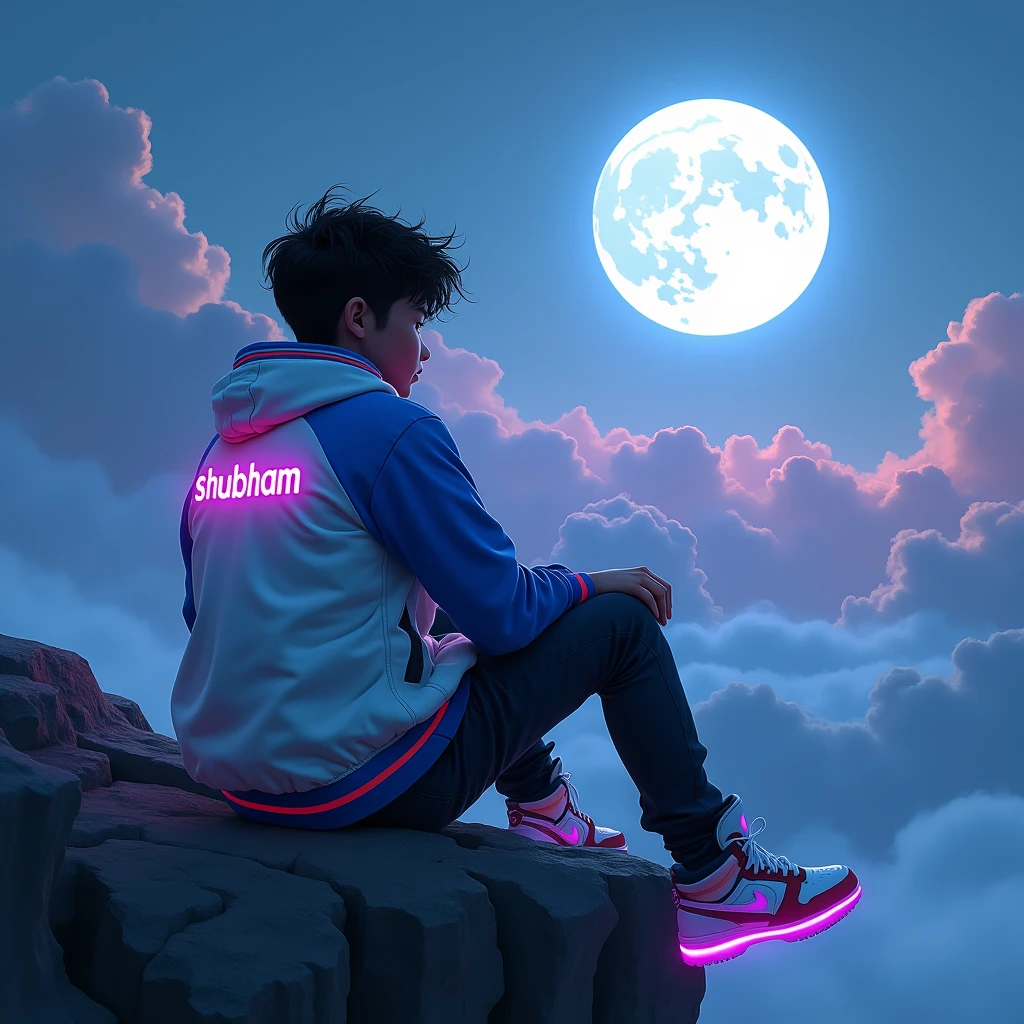 A young person sits on a rocky cliff, gazing at a large, luminous moon in a dramatic sky filled with dark clouds. The figure is dressed in a white jacket with blue and red accents, featuring a prominent “Shubham” logo on the back with purple neon glow , and black pants. Their stylish, futuristic sneakers emit a soft purple glow, while their hair is tousled and lightly illuminated by the moonlight. The overall scene has a moody and introspective atmosphere, with shadows and vibrant colors blending beautifully.