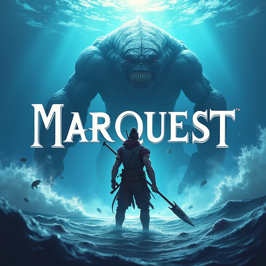 a PC AAA game icon for my game "MarQuest" a open world sea exploring game where you fight giant sea creatures. try to put the game name on it.
