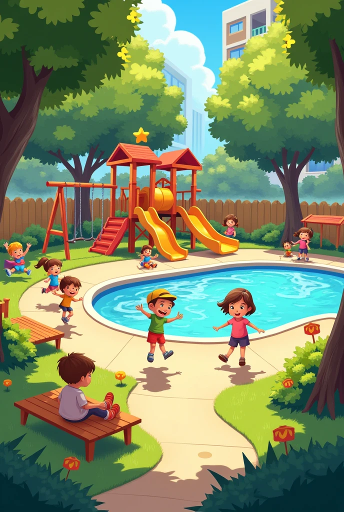 i want to simulate a children playground next to my building's pool