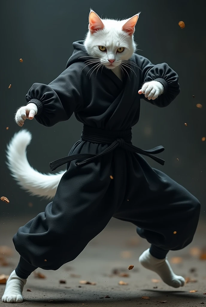 A male white cat dressed in black ninja dress dodging attack