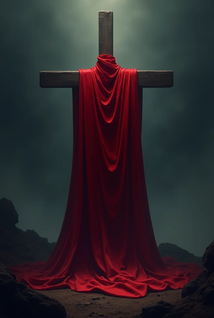 Cross with a red cloth, on Calvary in the darkness with a shadow on the floor