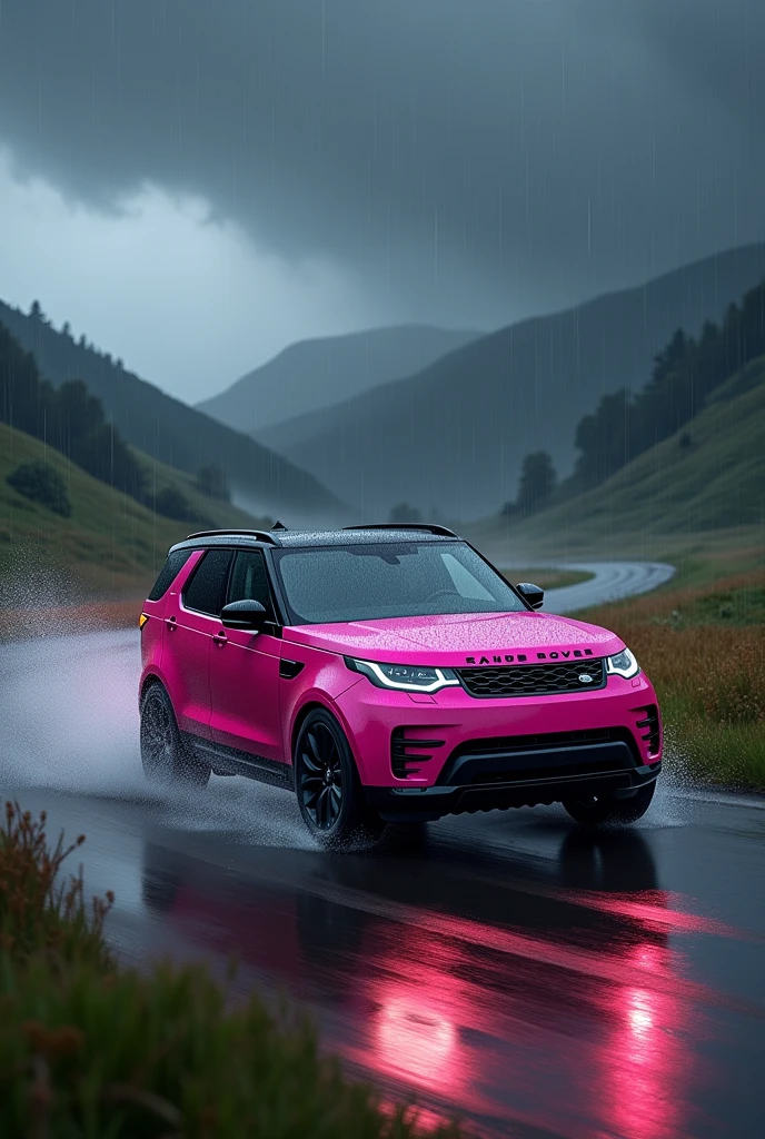 Land rover in pink colour running on track in rain at night