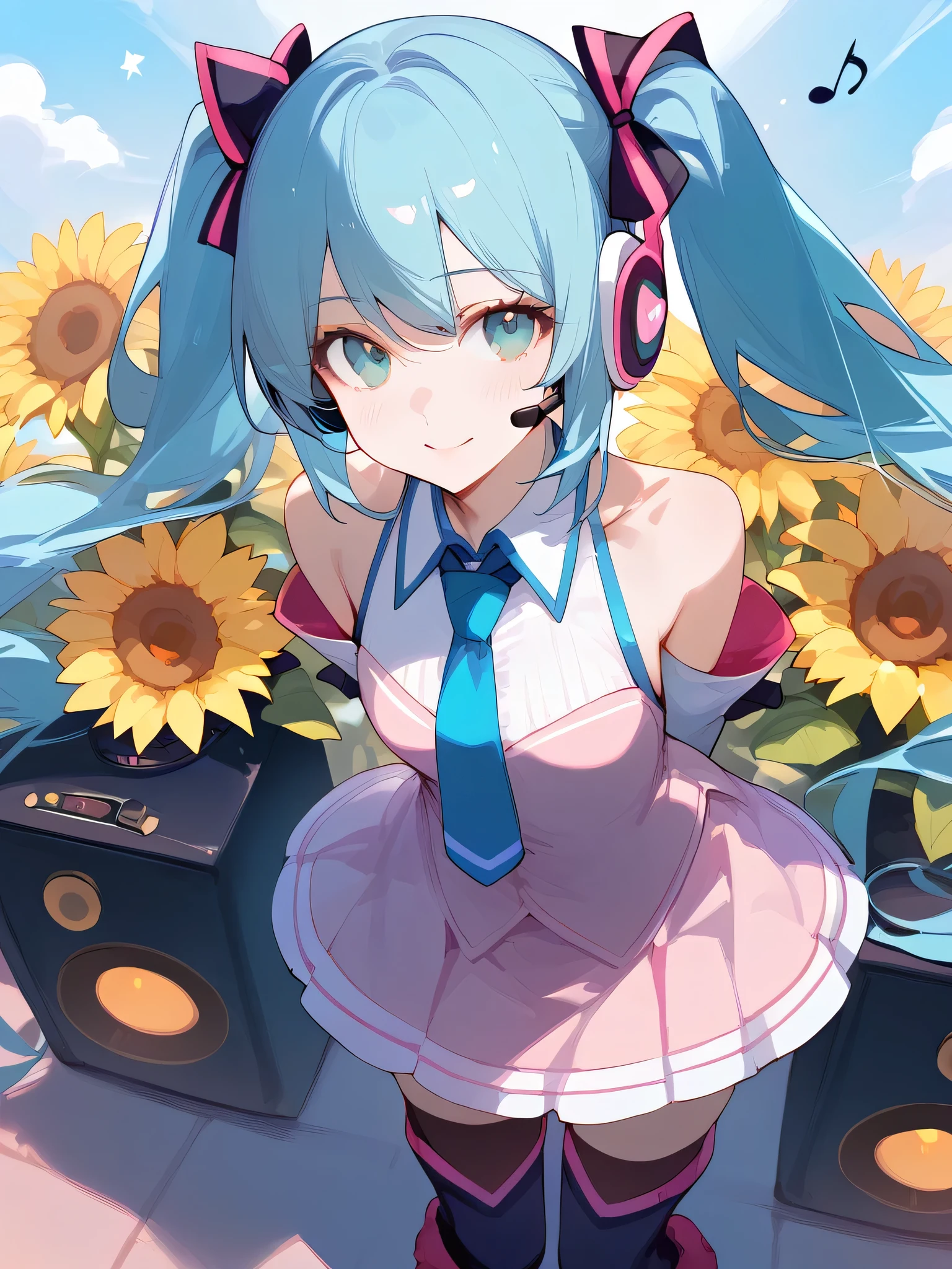1girl, 
score_9, score_8_up, score_7_up, bare shoulders, thighhighs, aqua eyes, musical note, twintails, cloud, black thighhighs, looking at viewer, headset, smile, standing, skirt, arms behind back, from above, star voice \(module\), aqua hair, flower, microphone, necktie, sky, boots, star \(symbol\), legs, sunflower, thigh boots, heart, zettai ryouiki, detached sleeves, star \(sky\), pink footwear, solo, long hair, very long hair, speaker, blush, headphones