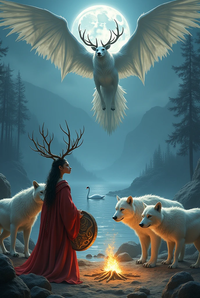 big white-winged dragon, shaman deer antlers Queen red clothing, shaman's drum ,white wolfs, white big bear ,sea a swan. small fire