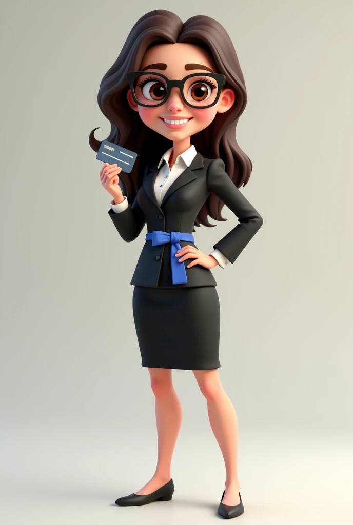 A full body 3D cartoon character. She has a friendly and charismatic appearance. The character is a young woman with fair skin, loose dark brown hair, thick eyebrows, large brown eyes and wears glasses. She is smiling confidently. The character is dressed formally, wearing a black dress with a blue sash at the waist. She is holding a credit card in her hand. Your posture and relaxed posture suggest confidence and ease. The background of the image is neutral, which highlights the character even more.
