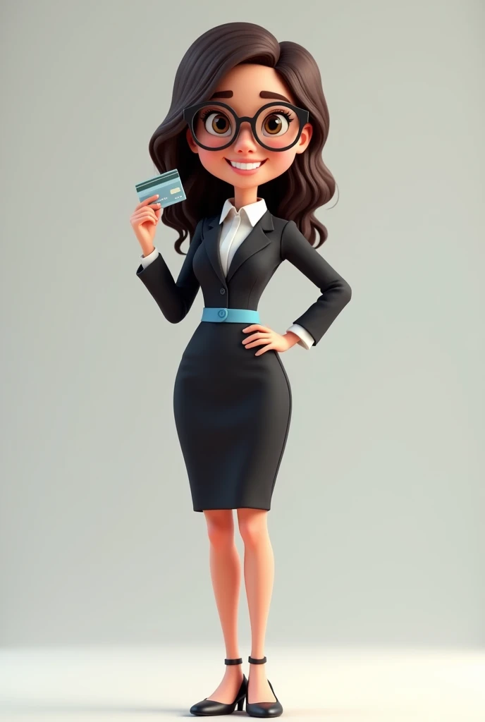A full body 3D cartoon character. She has a friendly and charismatic appearance. The character is a young woman with fair skin, loose dark brown hair, thick eyebrows, large brown eyes and wears glasses. She is smiling confidently. The character is dressed formally, wearing a black dress with a blue sash at the waist. She is holding a credit card in her hand. Your posture and relaxed posture suggest confidence and ease. The background of the image is neutral, which highlights the character even more.