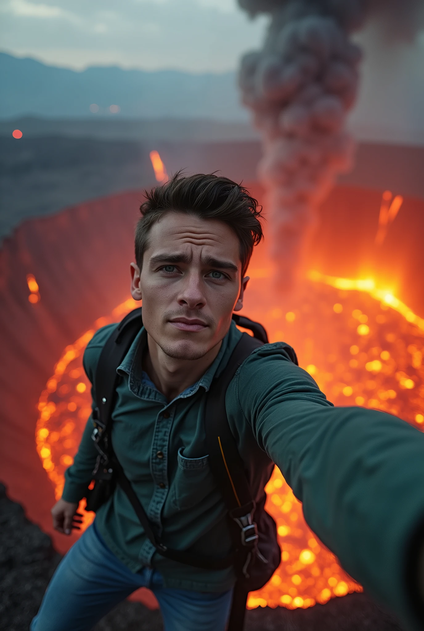 Last selfie. The young man is located right on the edge of an active volcanic crater, with smoke and ash rising into the sky. While taking the selfie, the ground beneath him shows signs of giving way, and the hot lava is visible inside the crater, creating an extremely dangerous and surreal scene. Oops.