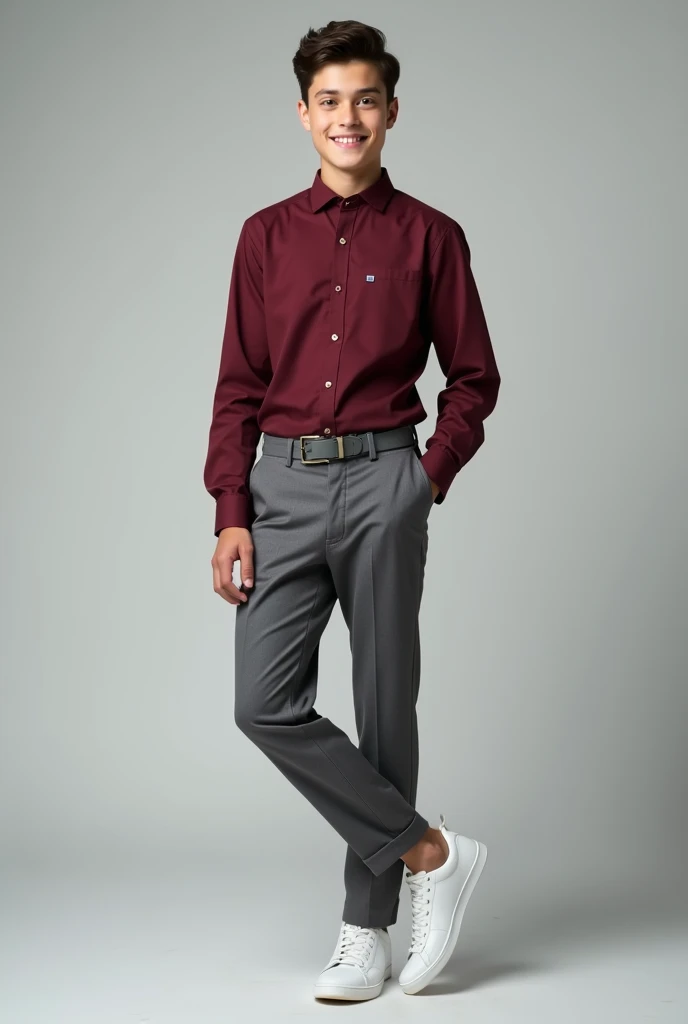 a teenage boy In formal style maroon shirt and grey formal pant and white sneakers