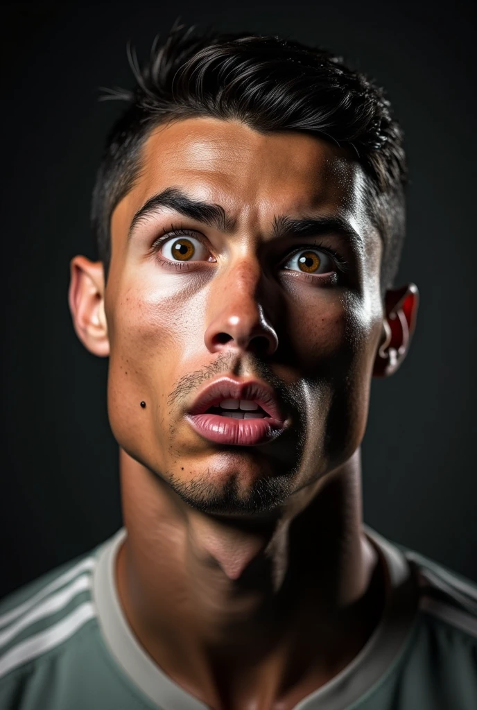 Cristiano Ronaldo&#39;s face expressing that he is scared with his mouth closed
