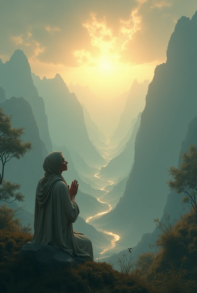Slowly transition between the believer in prayer and the distant paradise. This symbolizes the connection between faith, righteous deeds, and the ultimate reward. The soft glow of paradise begins to gently light up the surrounding landscape.Mood: Peace and spiritual fulfillment.