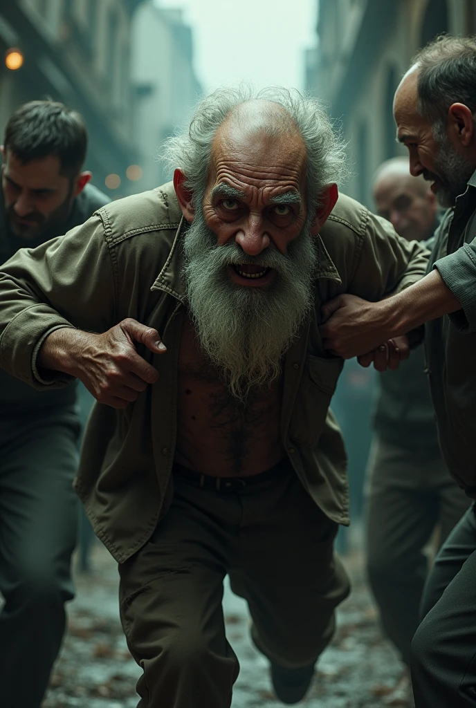 Create an old man being dragged