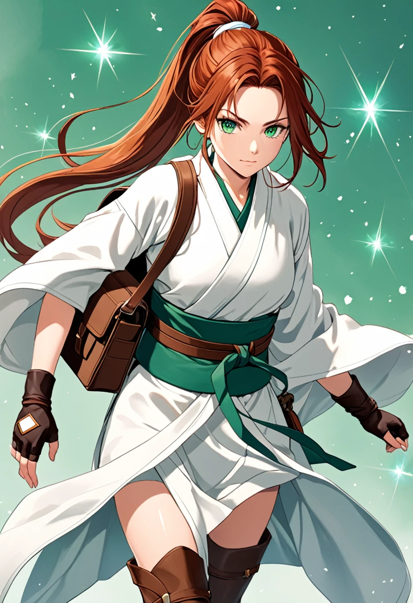 She has long, flowing auburn hair tied into a high ponytail with loose strands framing her face, emerald green eyes that sparkle with determination, wearing a simple yet elegant white kimono with light blue accents, a wide obi belt, and practical knee-high brown leather boots, complemented by fingerless gloves and a small satchel slung across her shoulder.