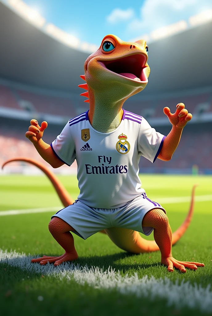 lizard celebrating a goal wearing a real madrid shirt