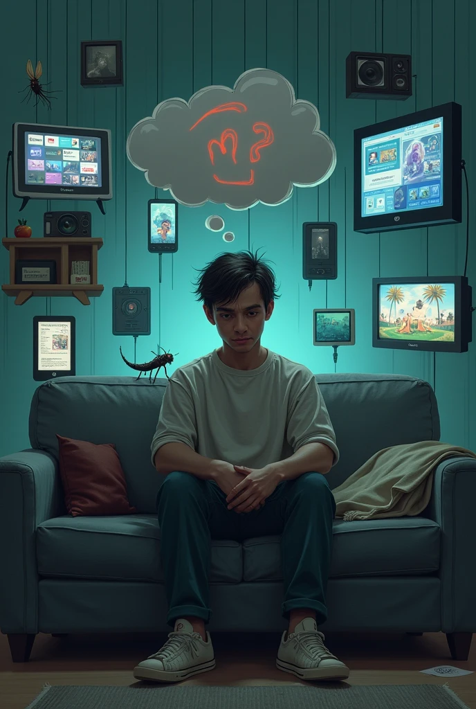 An ordinary person, with an air of tiredness and disappointment, is sitting on a sofa. She is surrounded by various technological devices (TV, smartphone, tablet) that emit bright lights and entertainment symbols (like movies, gaming, sensationalist news).
Dialogue/Legend: In a thought bubble above the person, is written: “Am I living or just consuming entertainment??” Beside her, an insect watches with a look of understanding and sadness.