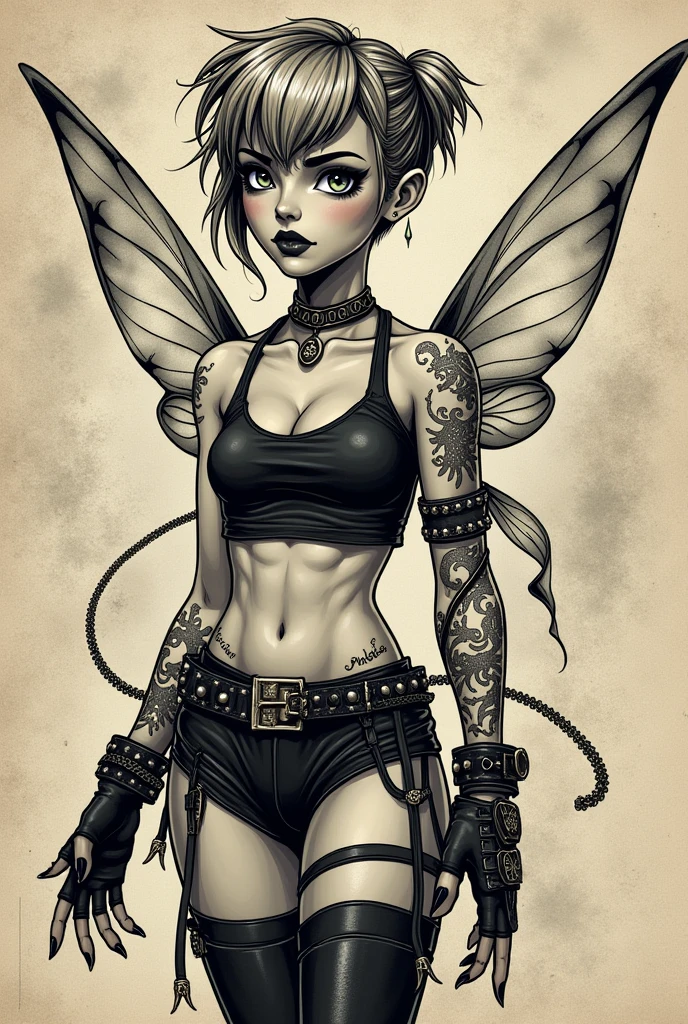 Tinkerbell drawn tattoo type in punk arnachist mode