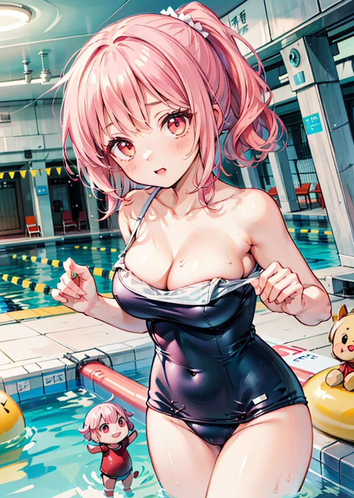 ((masterpiece)),((High resolution)),((Highest quality)),Anime illustration,(((One girl))),,(Wavy Hair),(short hair),(light pink hair color),small ponytail,Red eyes,(Big round eyes),((puppet)),,((face)),((Very large breasts)),low length,,One piece swimsuit,笑face,Ladylike,Pool,Shes trying to get out of her swimsuit.