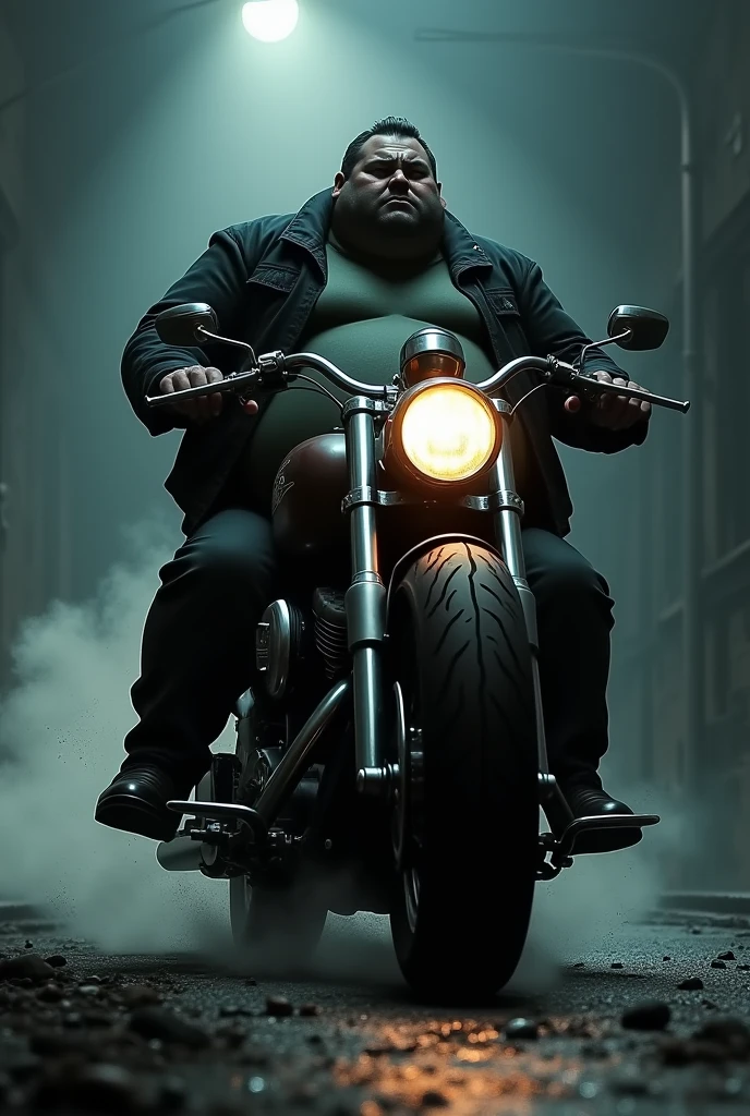 A fat man on a motorcycle in the shadow