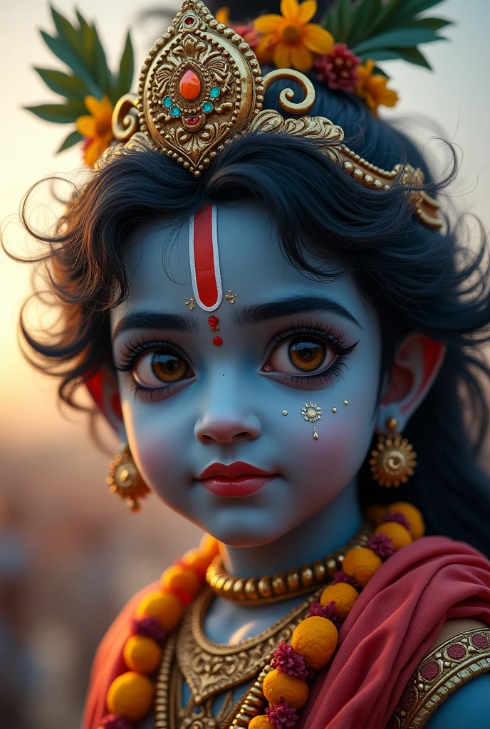 Picture of lord Krishna in which his face has cuteness, smile and aggressiveness with the background of battle
